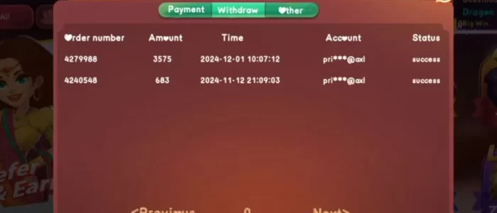 App payment withdrawal history